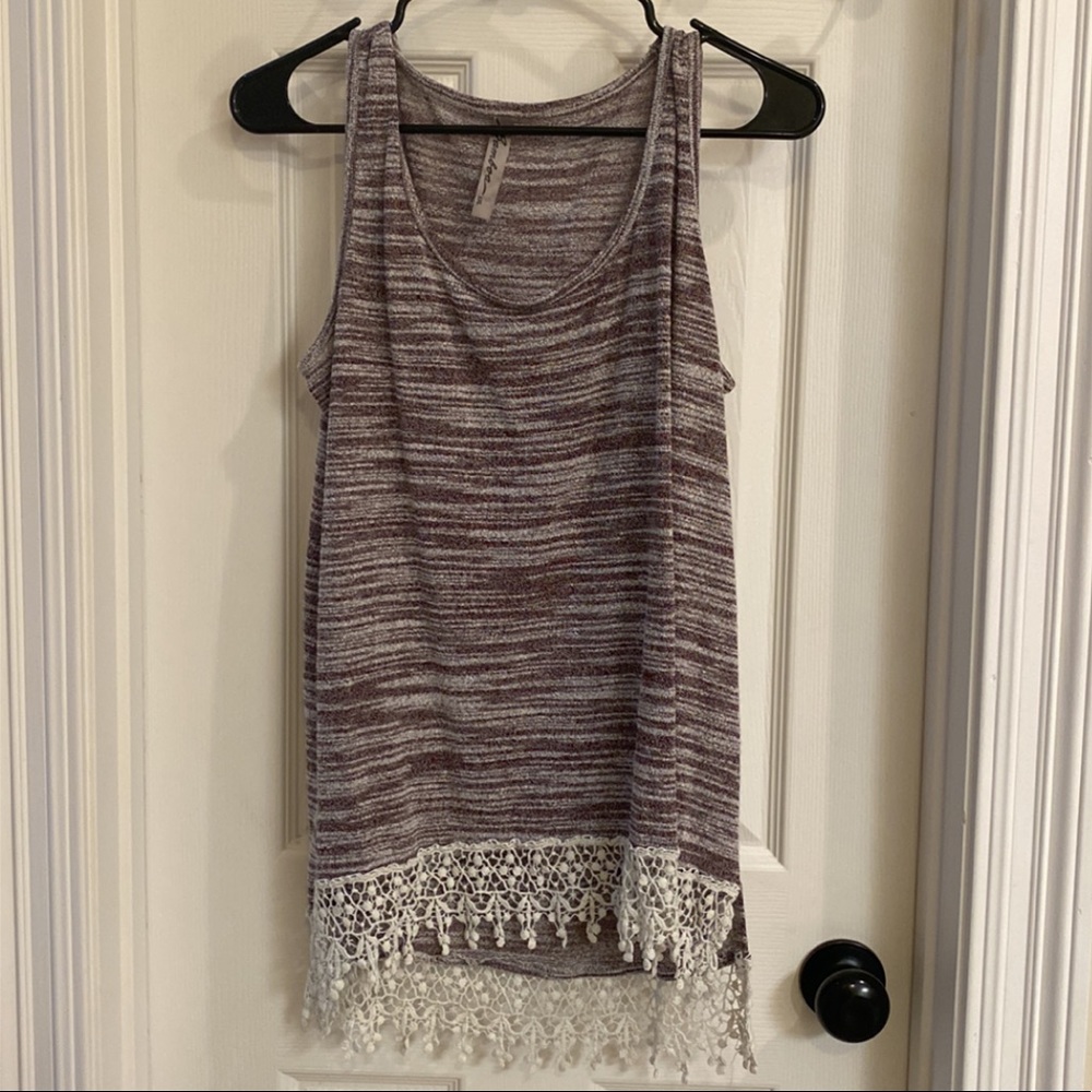 Maroon and white tank.